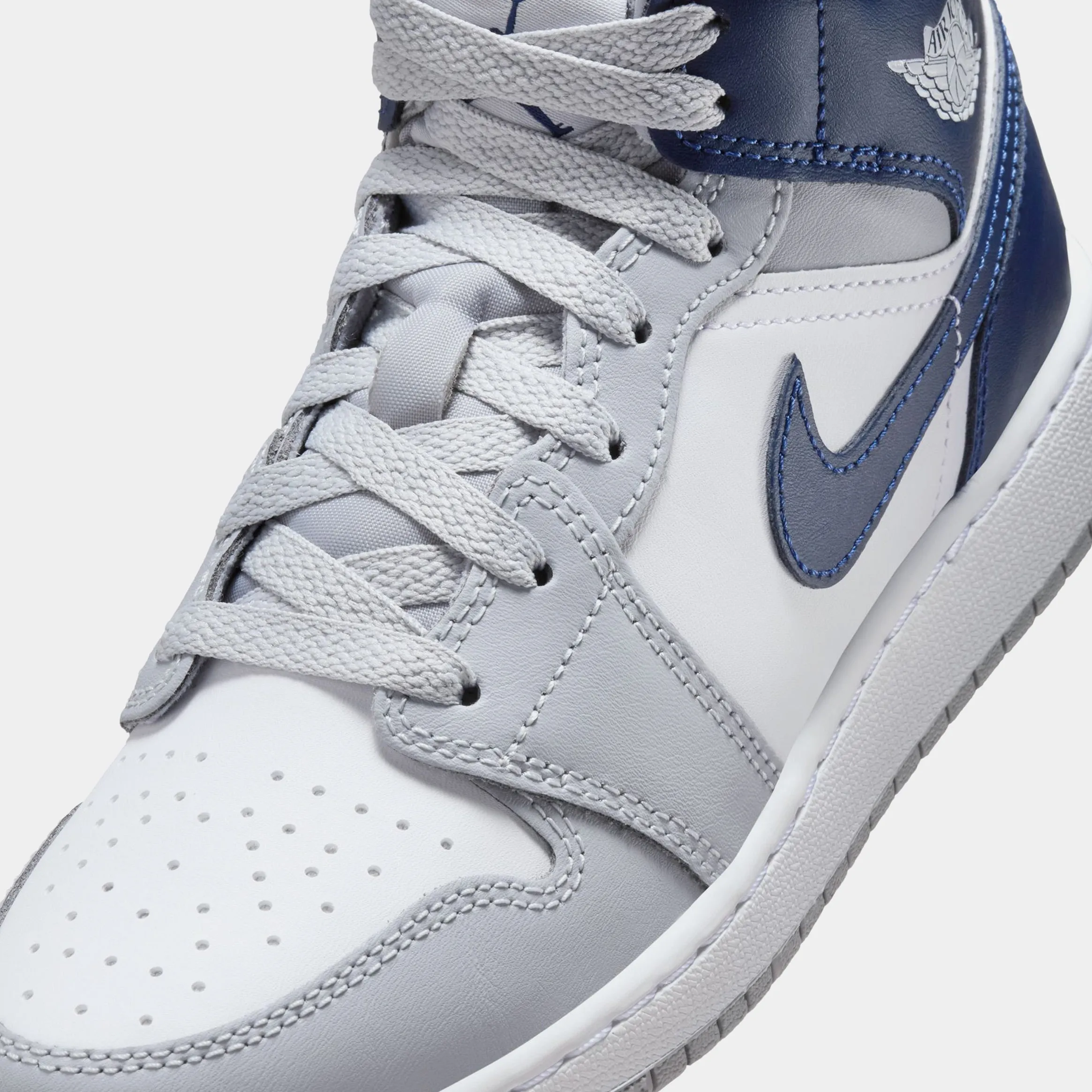 Air Jordan 1 Retro Mid Grade School Lifestyle Shoes (White/Wolf Grey/Midnight Navy)