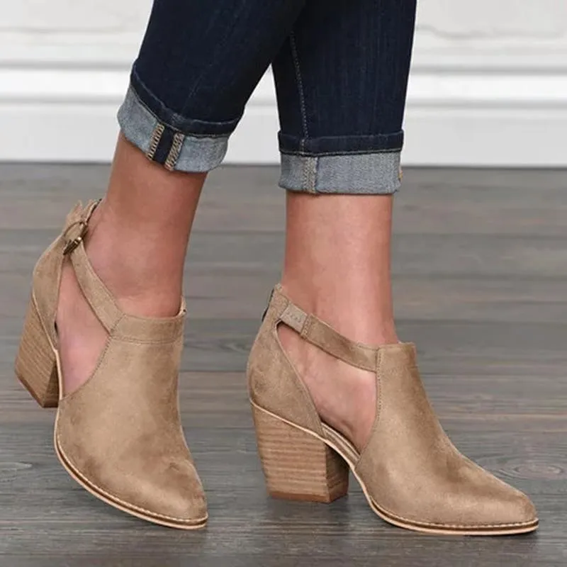 Ankle strap buckle block heel pointed toe ankle boots