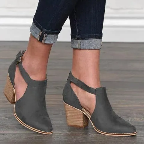 Ankle strap buckle block heel pointed toe ankle boots