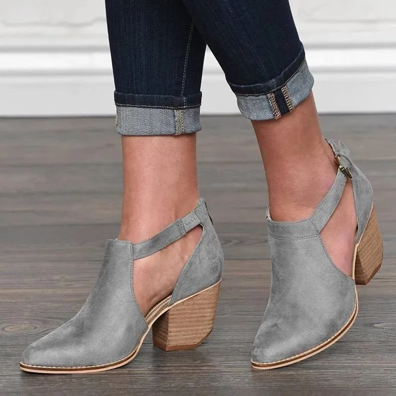 Ankle strap buckle block heel pointed toe ankle boots