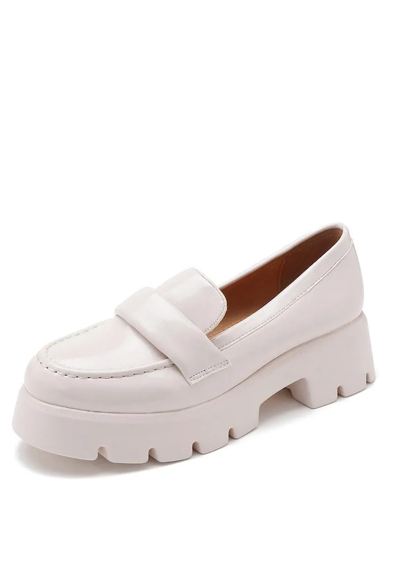 BEIGE FAUX HIGH SHINE LEATHER CHUNKY SLIP ON LOAFERS