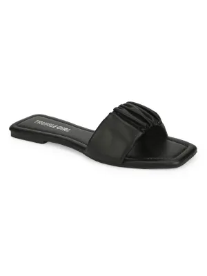 Black PU Wrinkled Strap Slip Ons