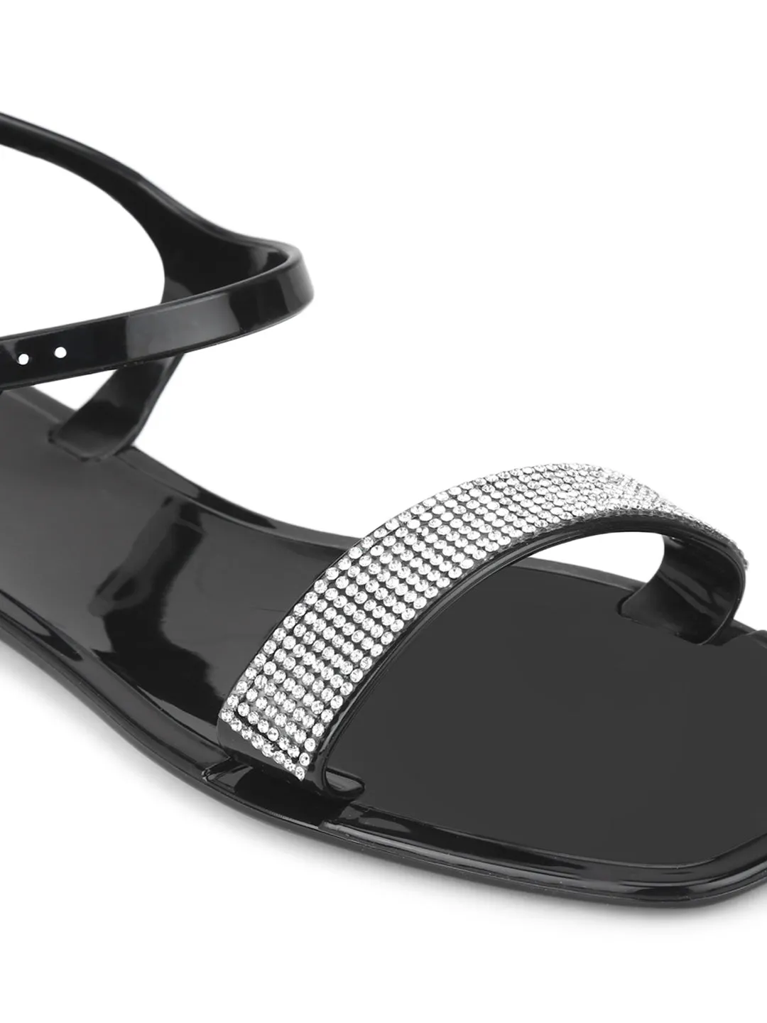 Black PVC Diamante Strap Sandals