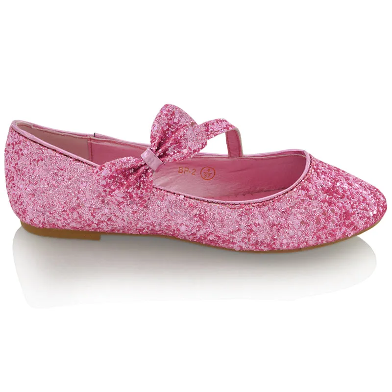 COLETTE FLAT LOW HEEL STRAPPY WITH BOW DETAILING BALLERINA PUMP SHOES IN PINK GLITTER