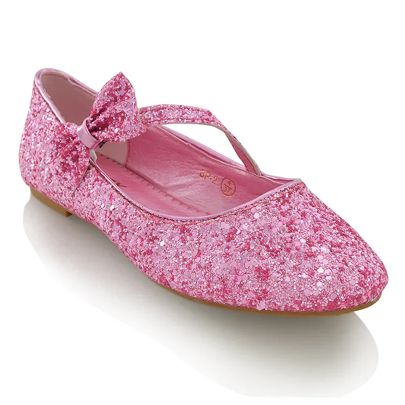 COLETTE FLAT LOW HEEL STRAPPY WITH BOW DETAILING BALLERINA PUMP SHOES IN PINK GLITTER