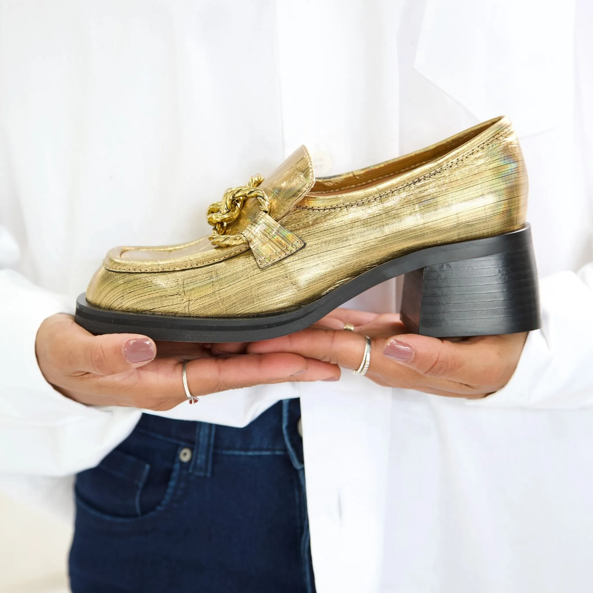 Ellas Old Gold Croc Leather Loafers