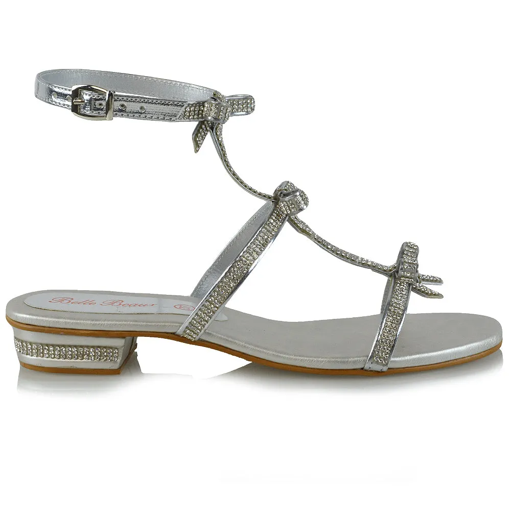 EMERY FLAT SPARKLY DIAMANTE BOW DETAIL LOW BLOCK HEEL STRAPPY SUMMER SANDALS IN SILVER