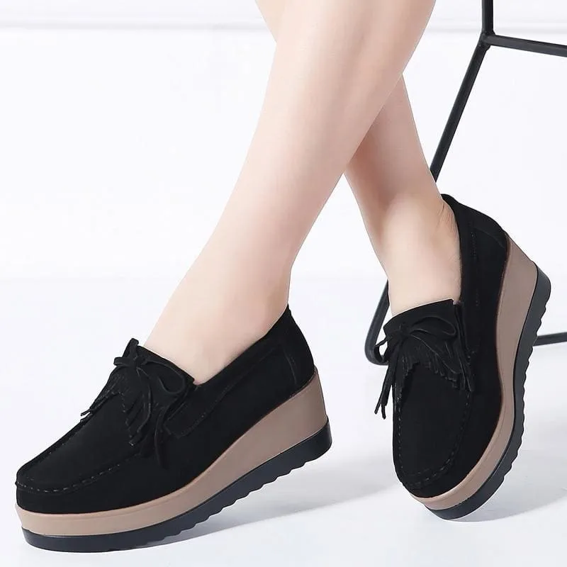 Genuine Suede Leather Non Slip PU Sole Woman Tassel Fringe Loafers