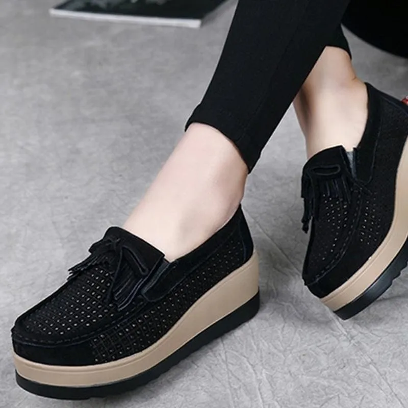 Genuine Suede Leather Non Slip PU Sole Woman Tassel Fringe Loafers