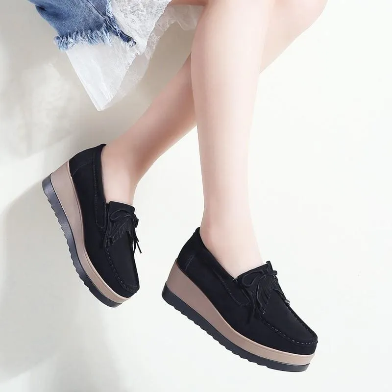 Genuine Suede Leather Non Slip PU Sole Woman Tassel Fringe Loafers