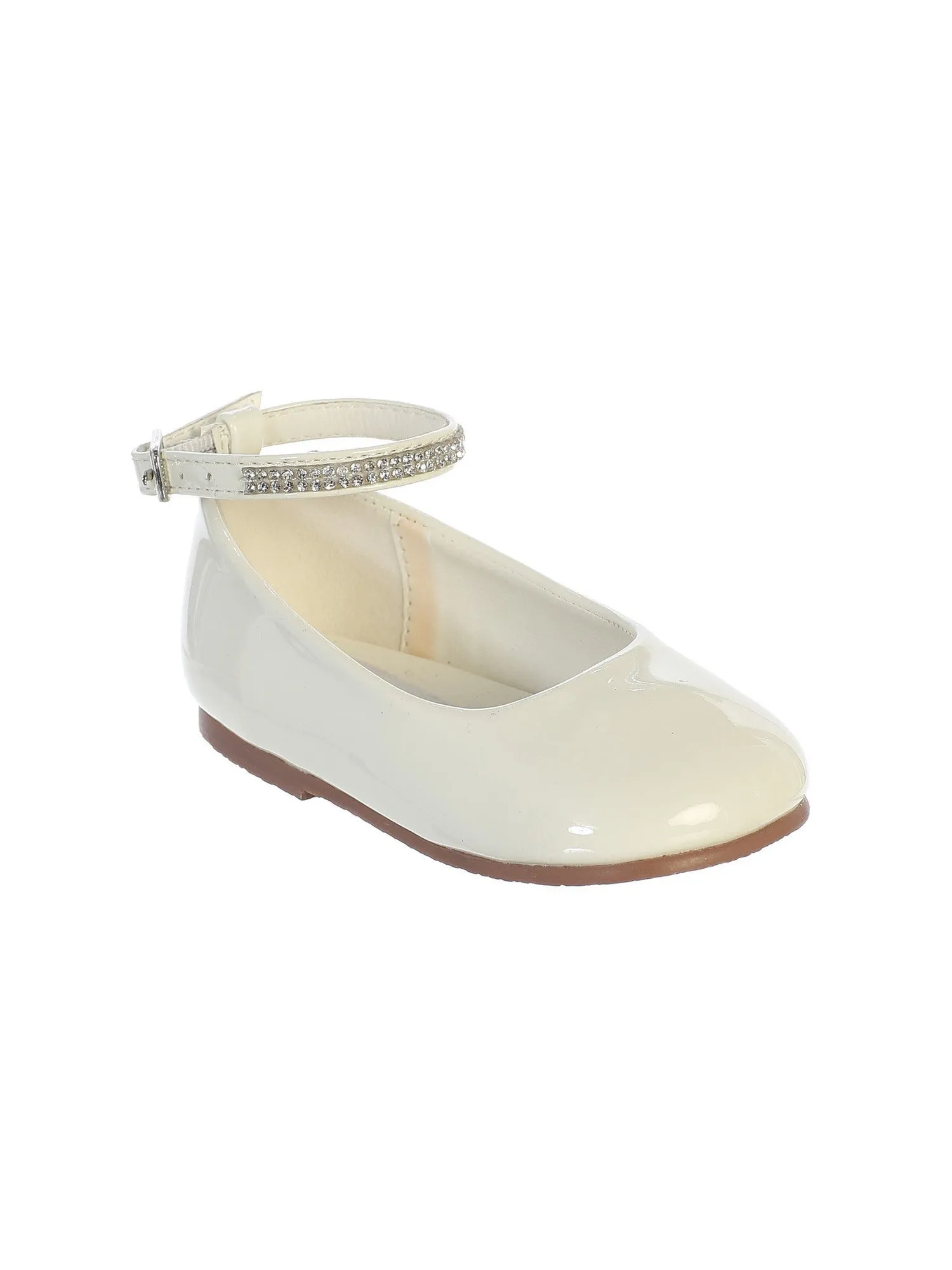 Girls Ivory Patent Rhinestone Encrusted Ankle Strap Flats 1 Kids