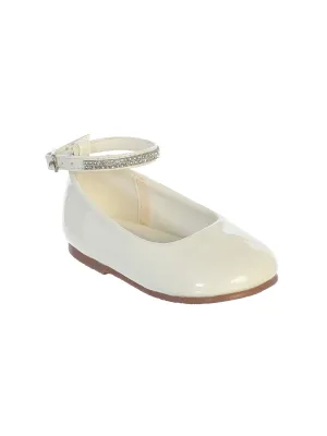 Girls Ivory Patent Rhinestone Encrusted Ankle Strap Flats 2 Kids