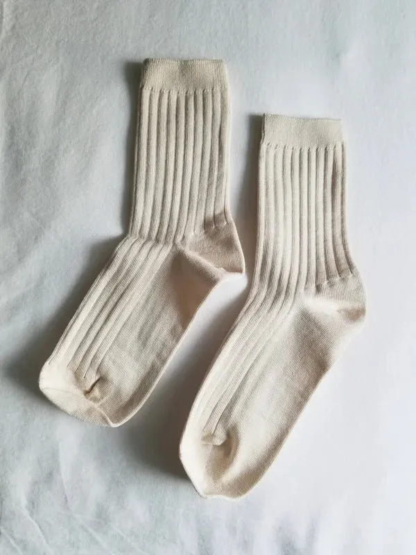 Ivory Classic Knit Ribbed Cotton Blend Socks