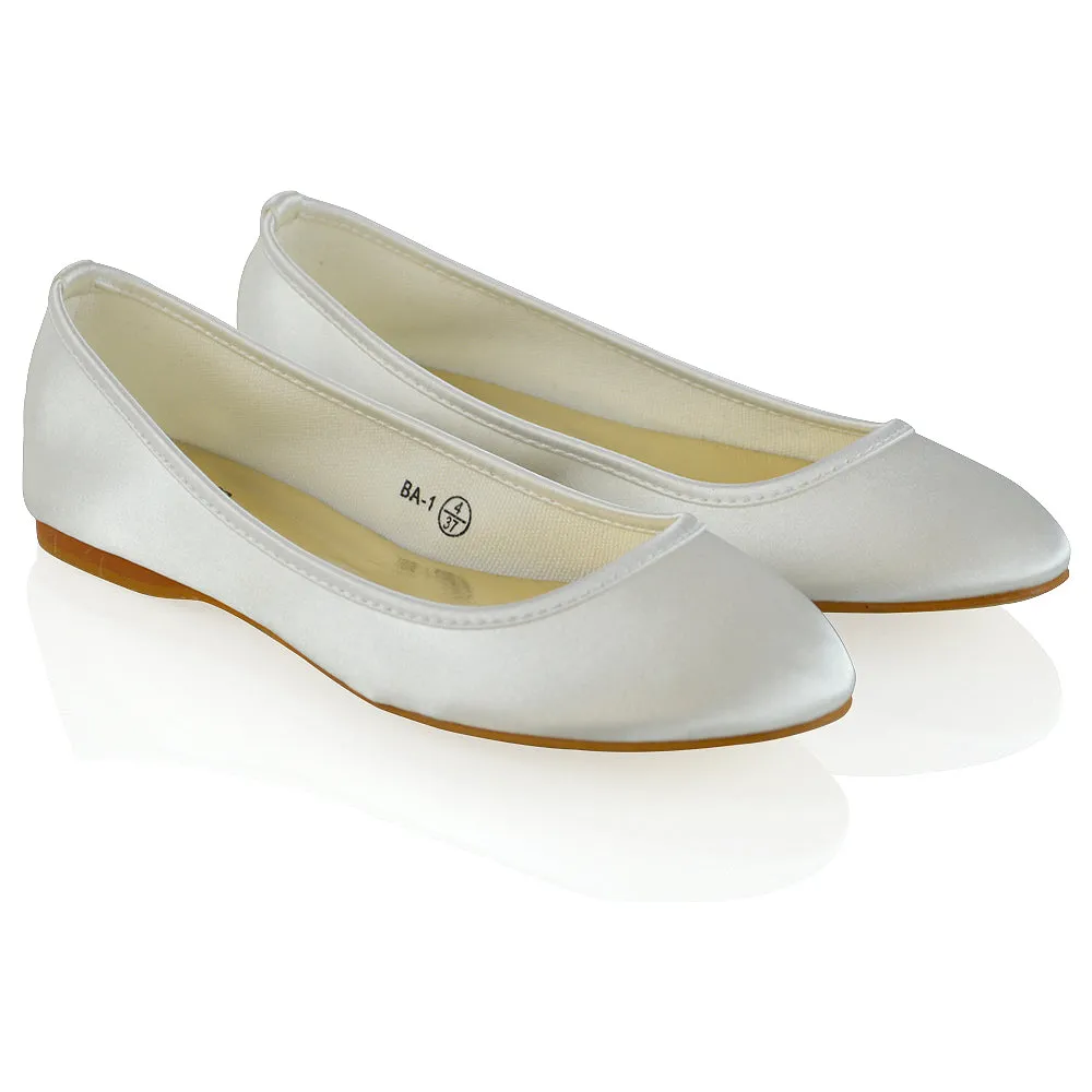 KARA FLAT BRIDAL SHOES LOW BLOCK HIGH HEELED WEDDING BALLERINA PUMPS IN IVORY SATIN