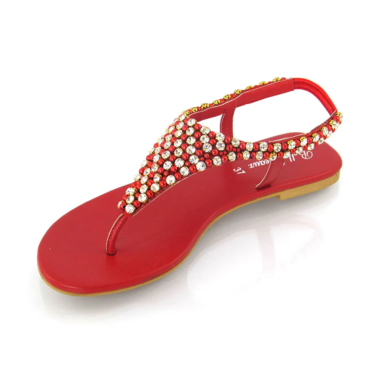 LAUREN DIAMANTE EMBELLISHED TOE POST STRAPPY SLINGBACK SPARKLY FLAT SUMMER SANDALS IN RED