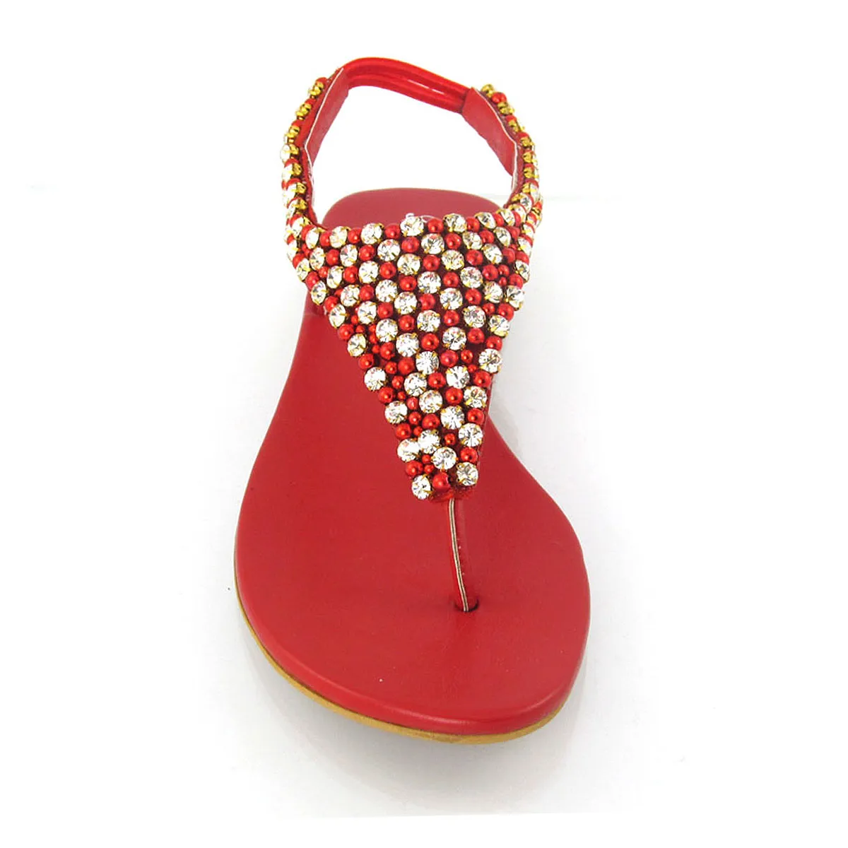 LAUREN DIAMANTE EMBELLISHED TOE POST STRAPPY SLINGBACK SPARKLY FLAT SUMMER SANDALS IN RED