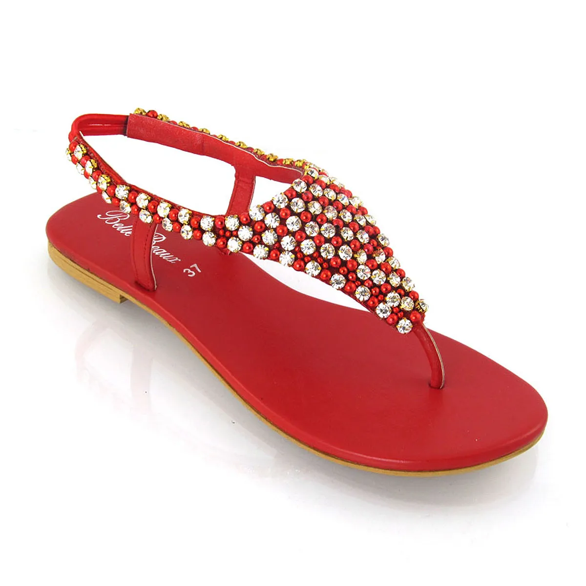 LAUREN DIAMANTE EMBELLISHED TOE POST STRAPPY SLINGBACK SPARKLY FLAT SUMMER SANDALS IN RED