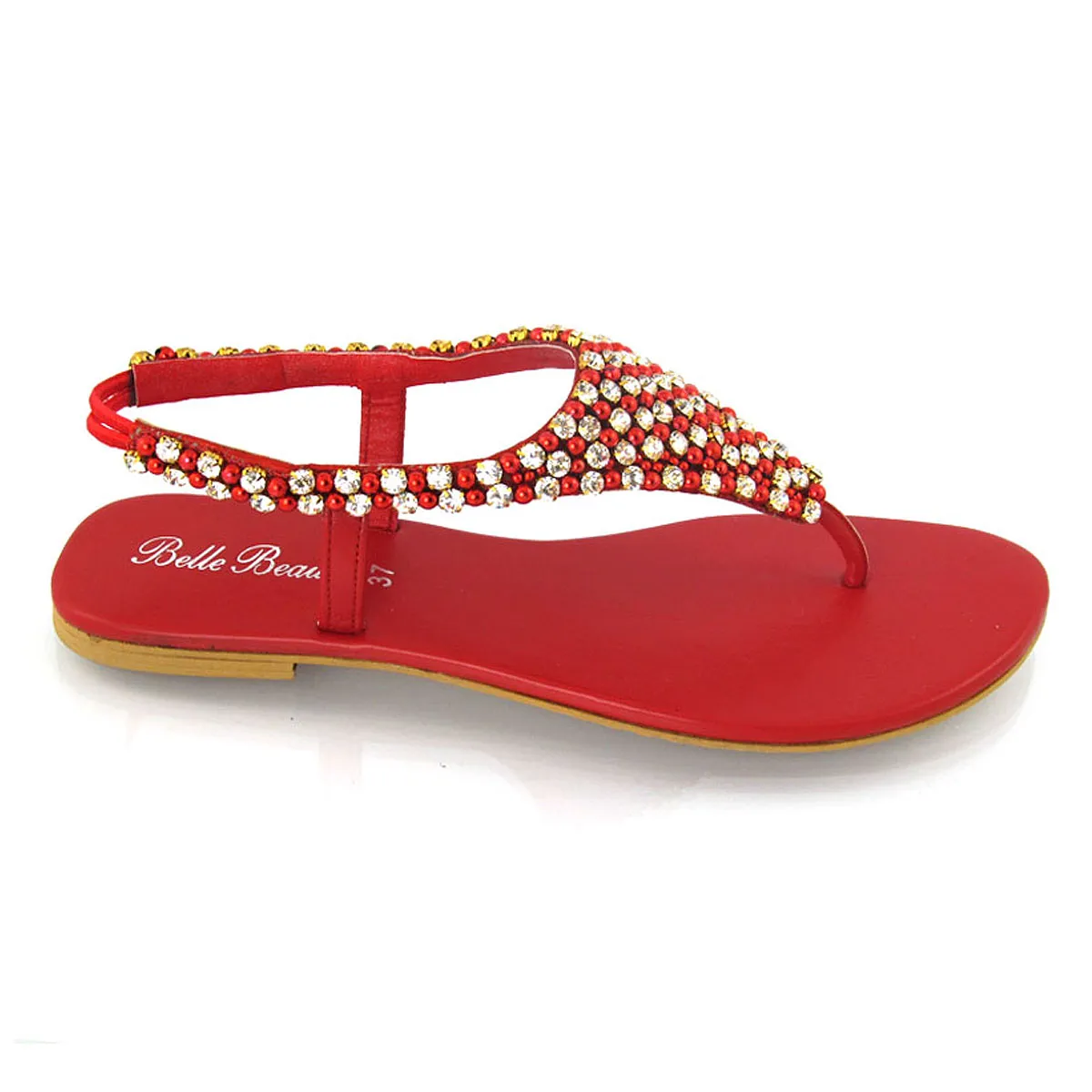 LAUREN DIAMANTE EMBELLISHED TOE POST STRAPPY SLINGBACK SPARKLY FLAT SUMMER SANDALS IN RED