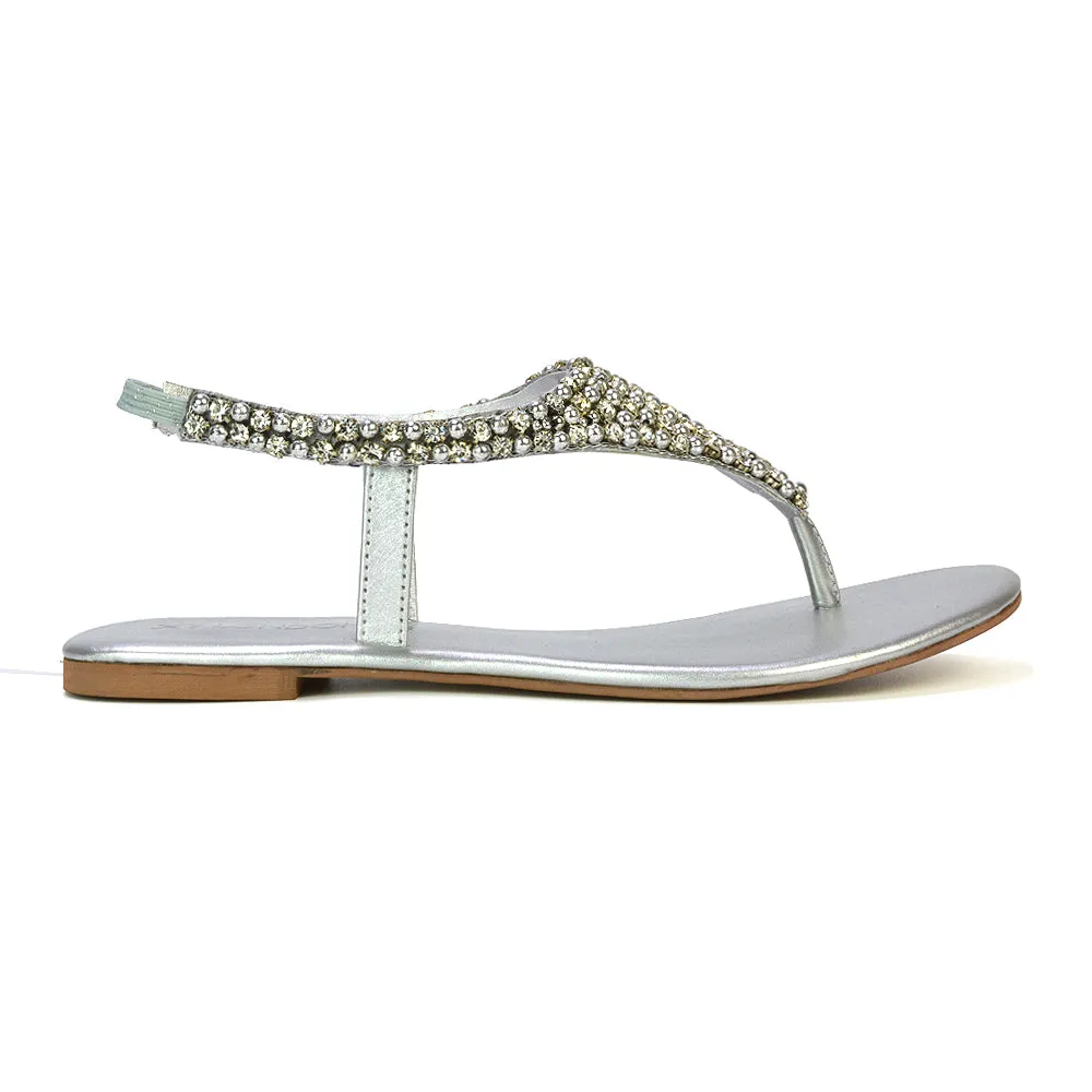 LAUREN DIAMANTE EMBELLISHED TOE POST STRAPPY SLINGBACK SPARKLY FLAT SUMMER SANDALS IN SILVER