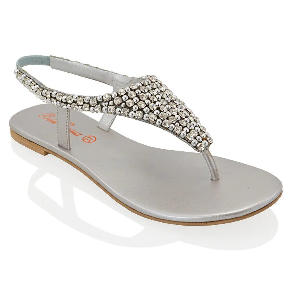 LAUREN DIAMANTE EMBELLISHED TOE POST STRAPPY SLINGBACK SPARKLY FLAT SUMMER SANDALS IN SILVER