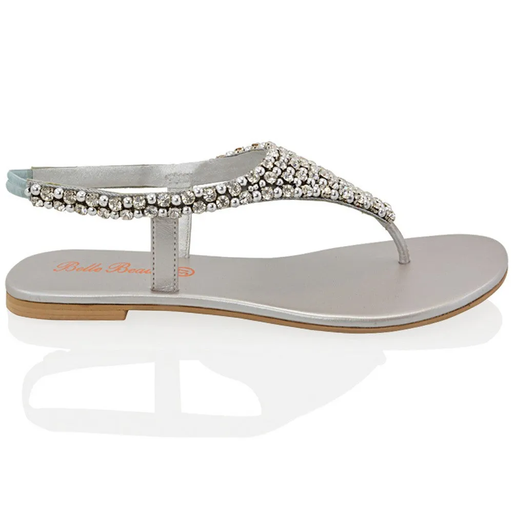 LAUREN DIAMANTE EMBELLISHED TOE POST STRAPPY SLINGBACK SPARKLY FLAT SUMMER SANDALS IN SILVER