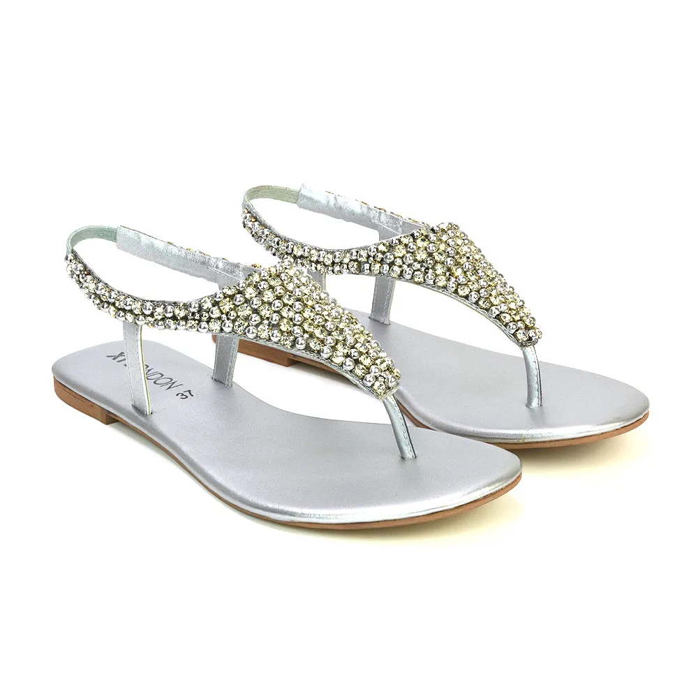 LAUREN DIAMANTE EMBELLISHED TOE POST STRAPPY SLINGBACK SPARKLY FLAT SUMMER SANDALS IN SILVER