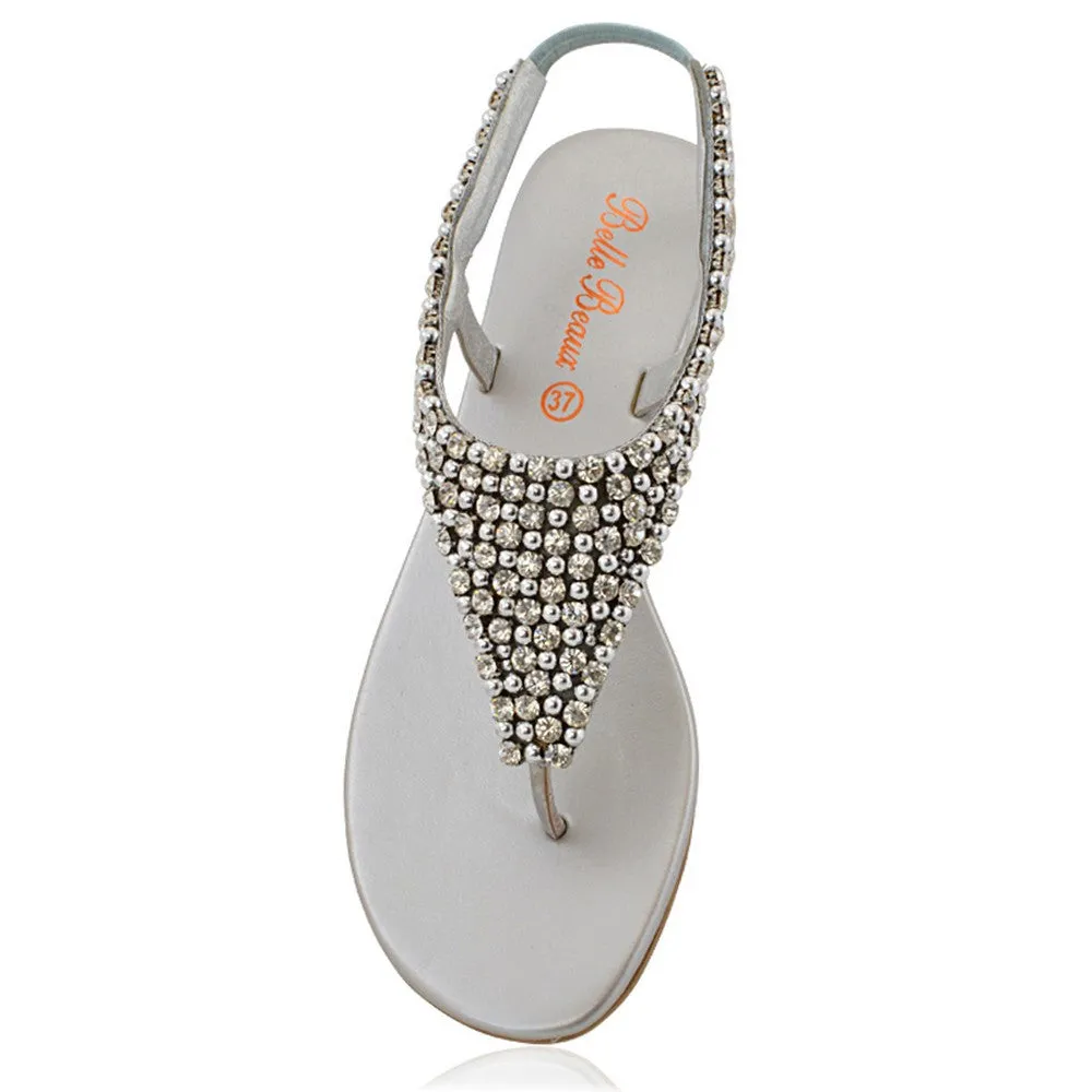 LAUREN DIAMANTE EMBELLISHED TOE POST STRAPPY SLINGBACK SPARKLY FLAT SUMMER SANDALS IN SILVER