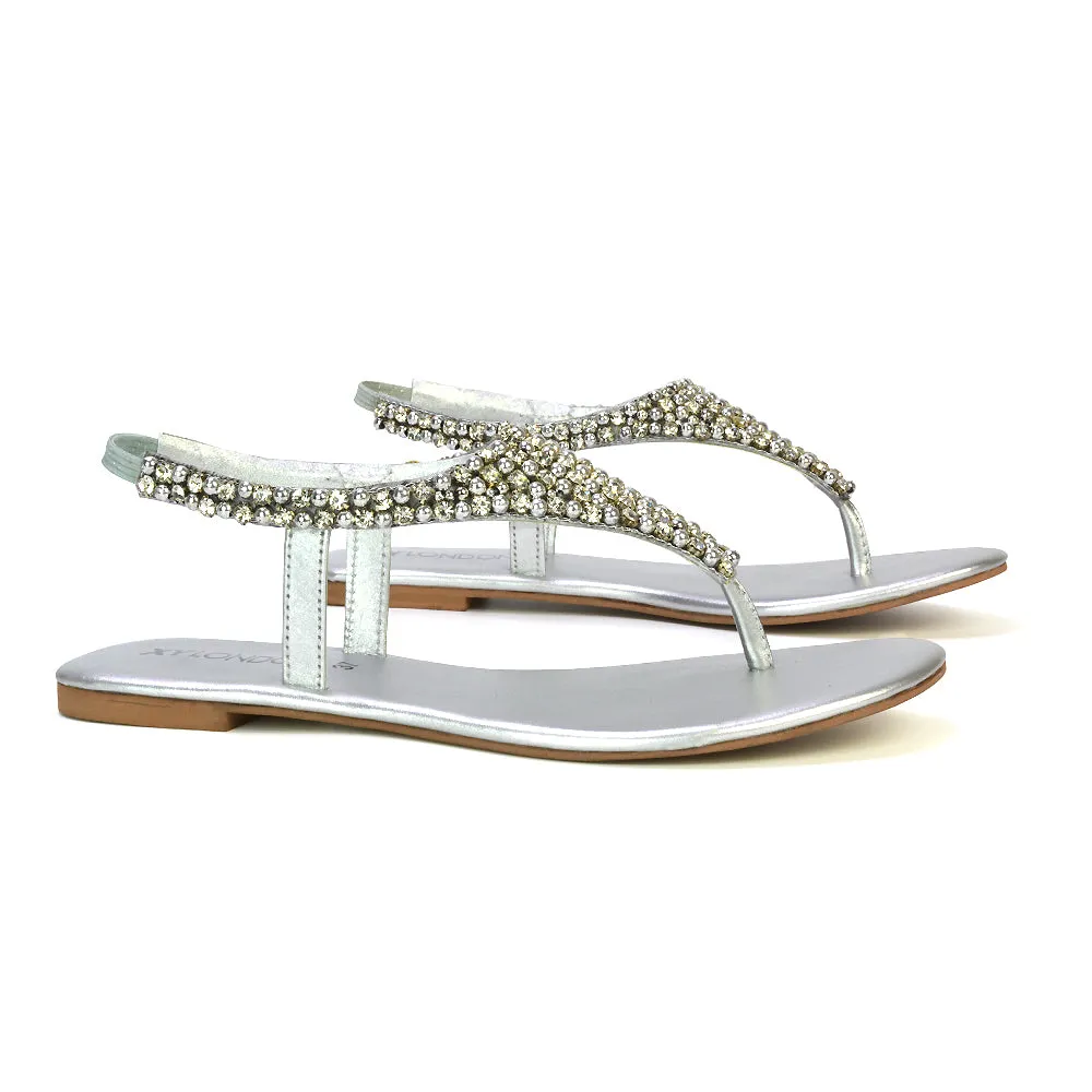 LAUREN DIAMANTE EMBELLISHED TOE POST STRAPPY SLINGBACK SPARKLY FLAT SUMMER SANDALS IN SILVER