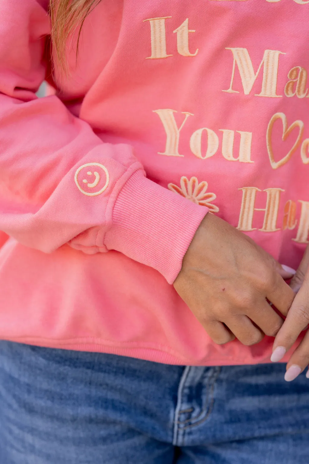 Makes You Happy Embroidered Graphic Crewneck