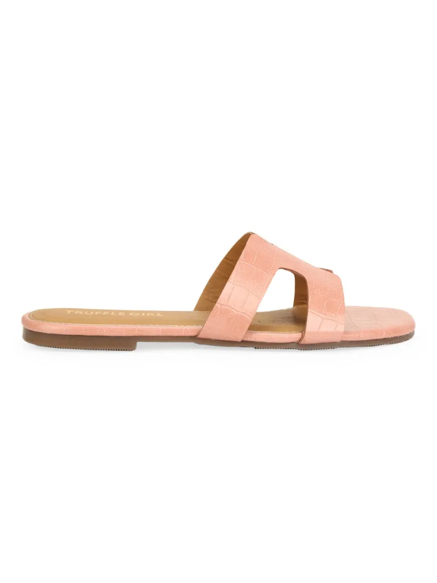 Pink Nude Croc PU Slip On Slides