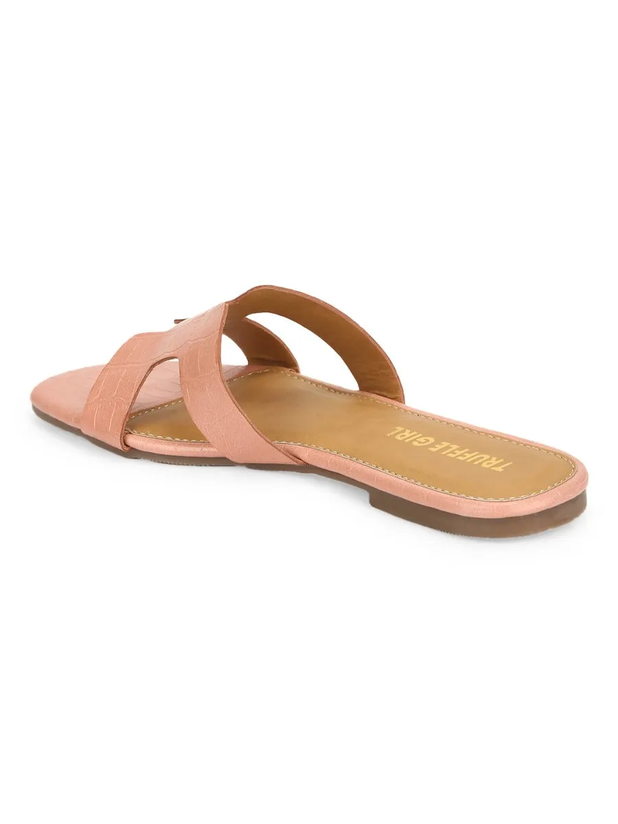 Pink Nude Croc PU Slip On Slides