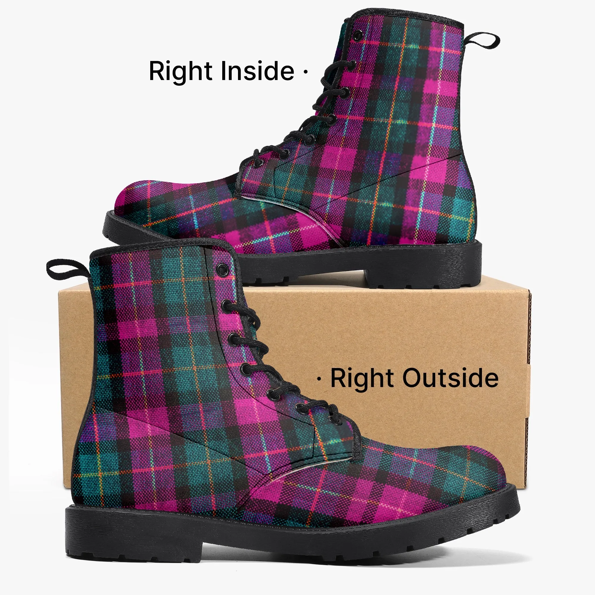 Pink Plaid Print Canvas Boots, Pink & Green Scottish Style Plaid Print Designer Best Winter Boots For Men or Women (US Size 5.5-12)