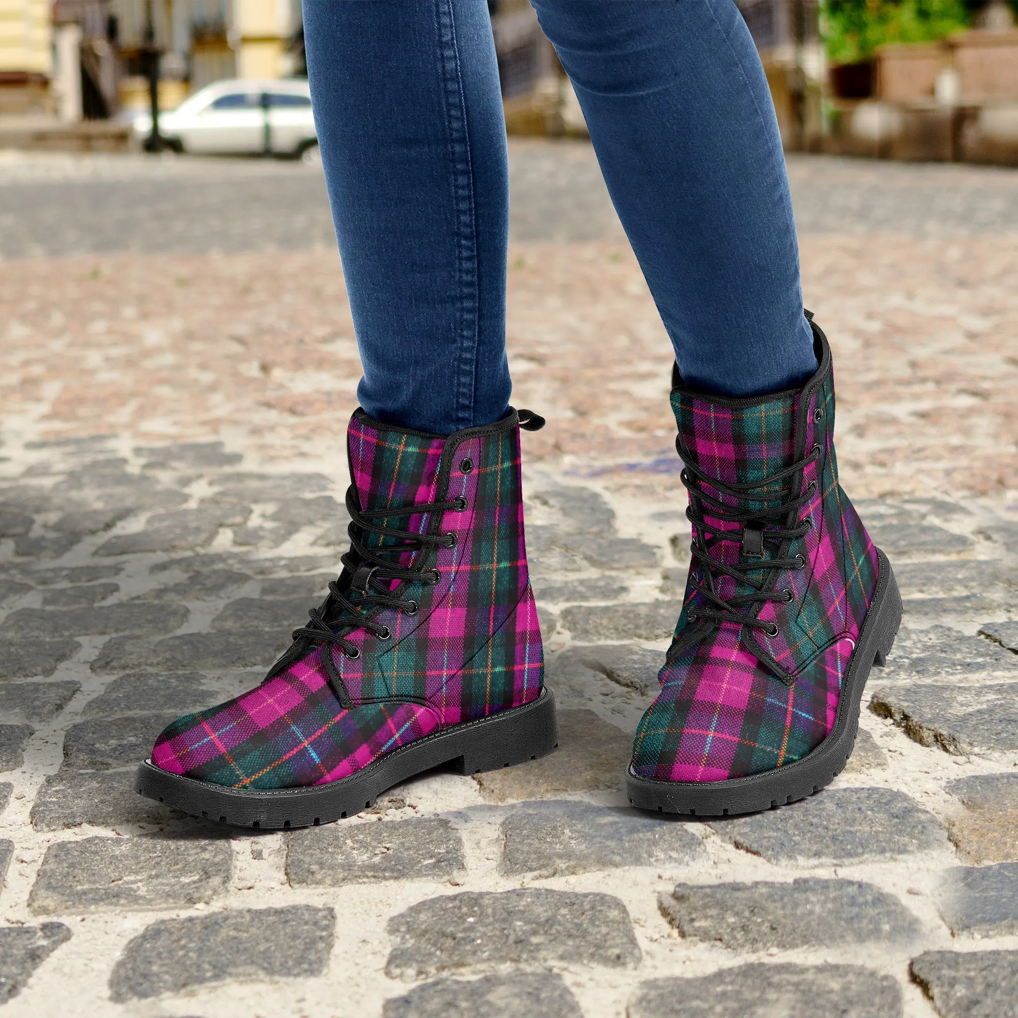 Pink Plaid Print Canvas Boots, Pink & Green Scottish Style Plaid Print Designer Best Winter Boots For Men or Women (US Size 5.5-12)