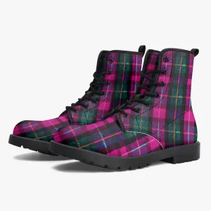 Pink Plaid Print Canvas Boots, Pink & Green Scottish Style Plaid Print Designer Best Winter Boots For Men or Women (US Size 5.5-12)