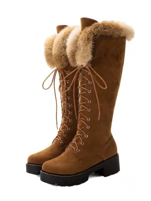 Retro Furry Chunky Heel Snow Boots