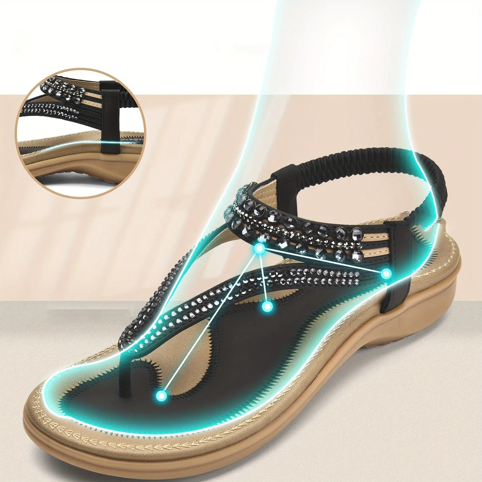 Rhinestone Arch Support Sandals - Comfortable Dressy T-Strap Thong Flat Sandals for Women - Casual Wear, Breathable, Adjustable Strap, Slip-Resistant Outsole, Perfect for Summer Outings and Special Occasions