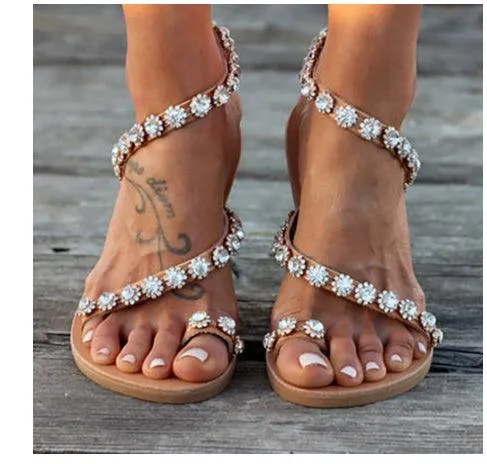 Rhinestone-Embellished Floral Flat Sandals for Women