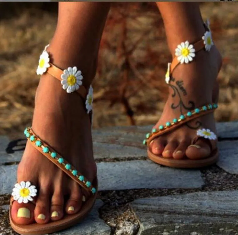 Rhinestone-Embellished Floral Flat Sandals for Women