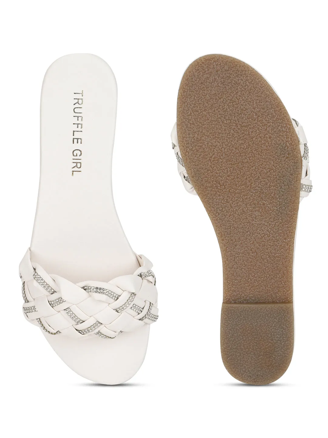 White PU Braided Diamante Slip Ons (TC-ST-1215-WHT)