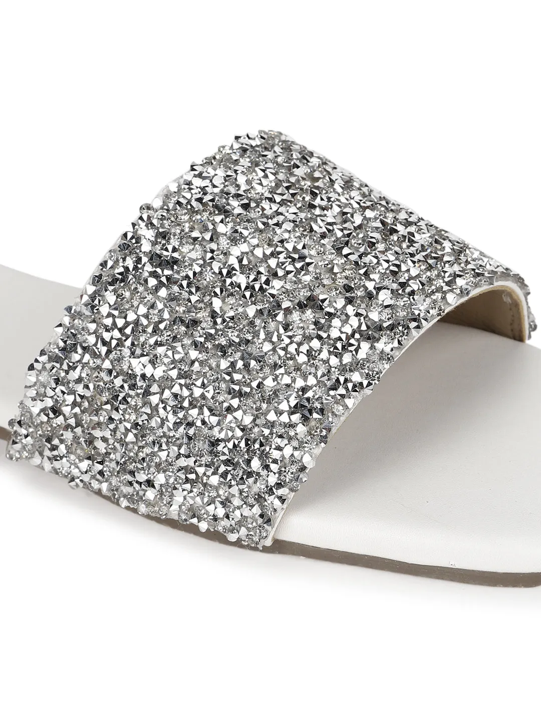 White PU Sequin Glitter Strap Slip On Flats (TC-ST-1211-WHT)