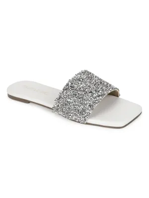 White PU Sequin Glitter Strap Slip On Flats (TC-ST-1211-WHT)