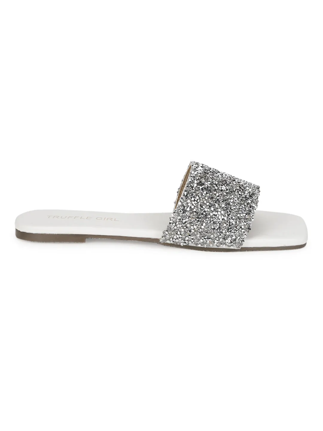 White PU Sequin Glitter Strap Slip On Flats (TC-ST-1211-WHT)