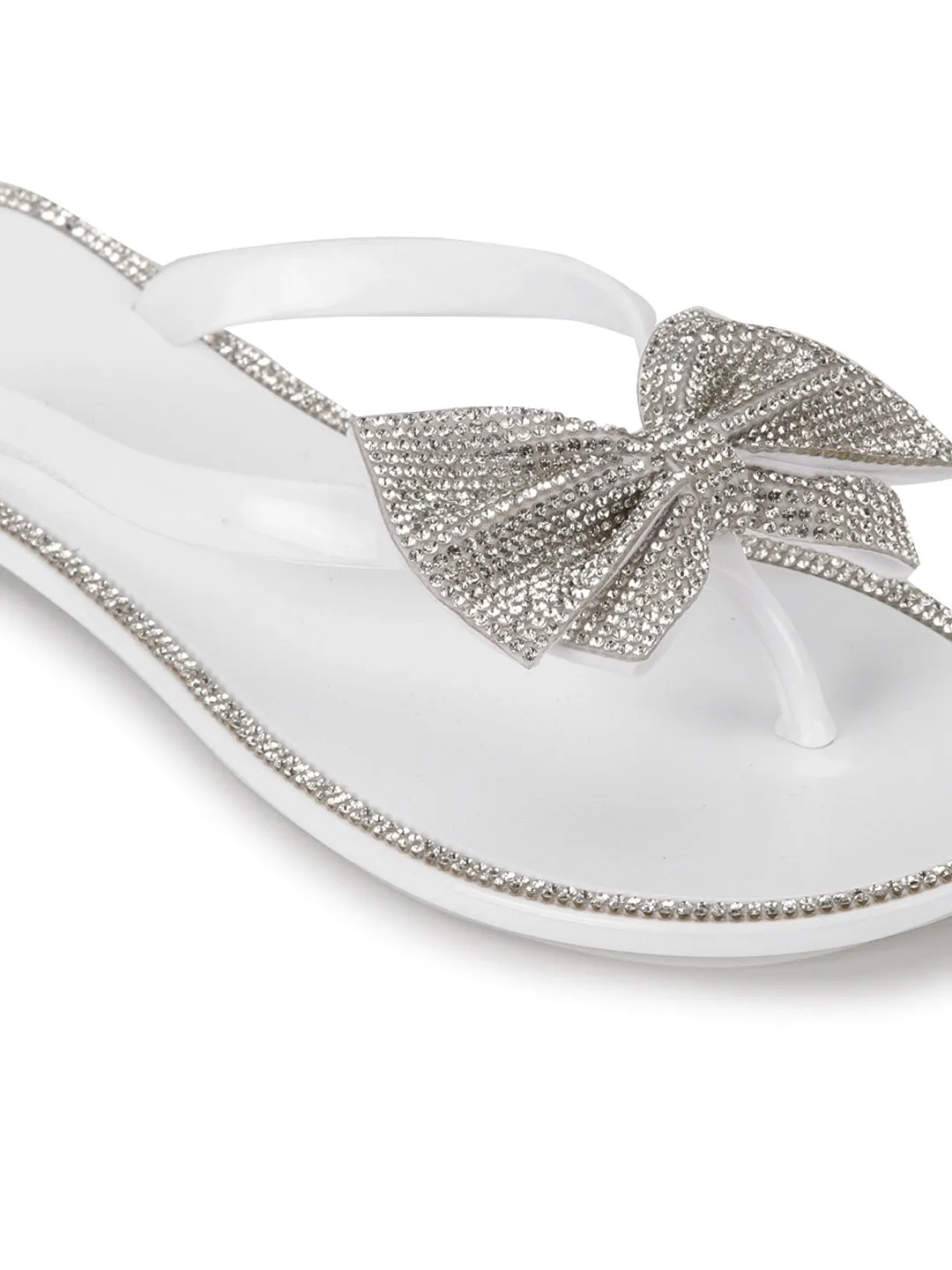 White PVC Diamante Bow Slip On Flats