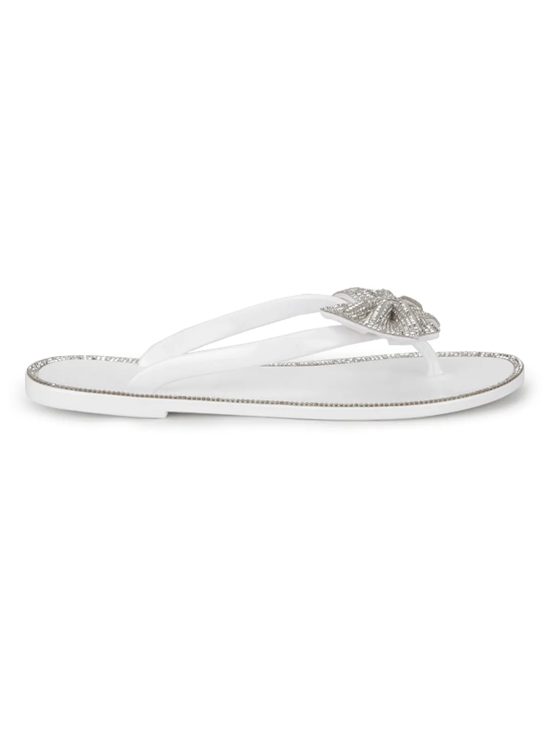 White PVC Diamante Bow Slip On Flats