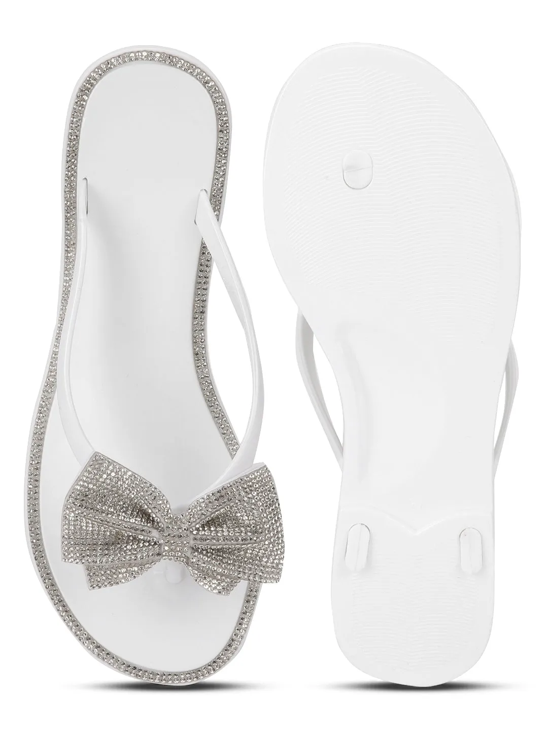 White PVC Diamante Bow Slip On Flats