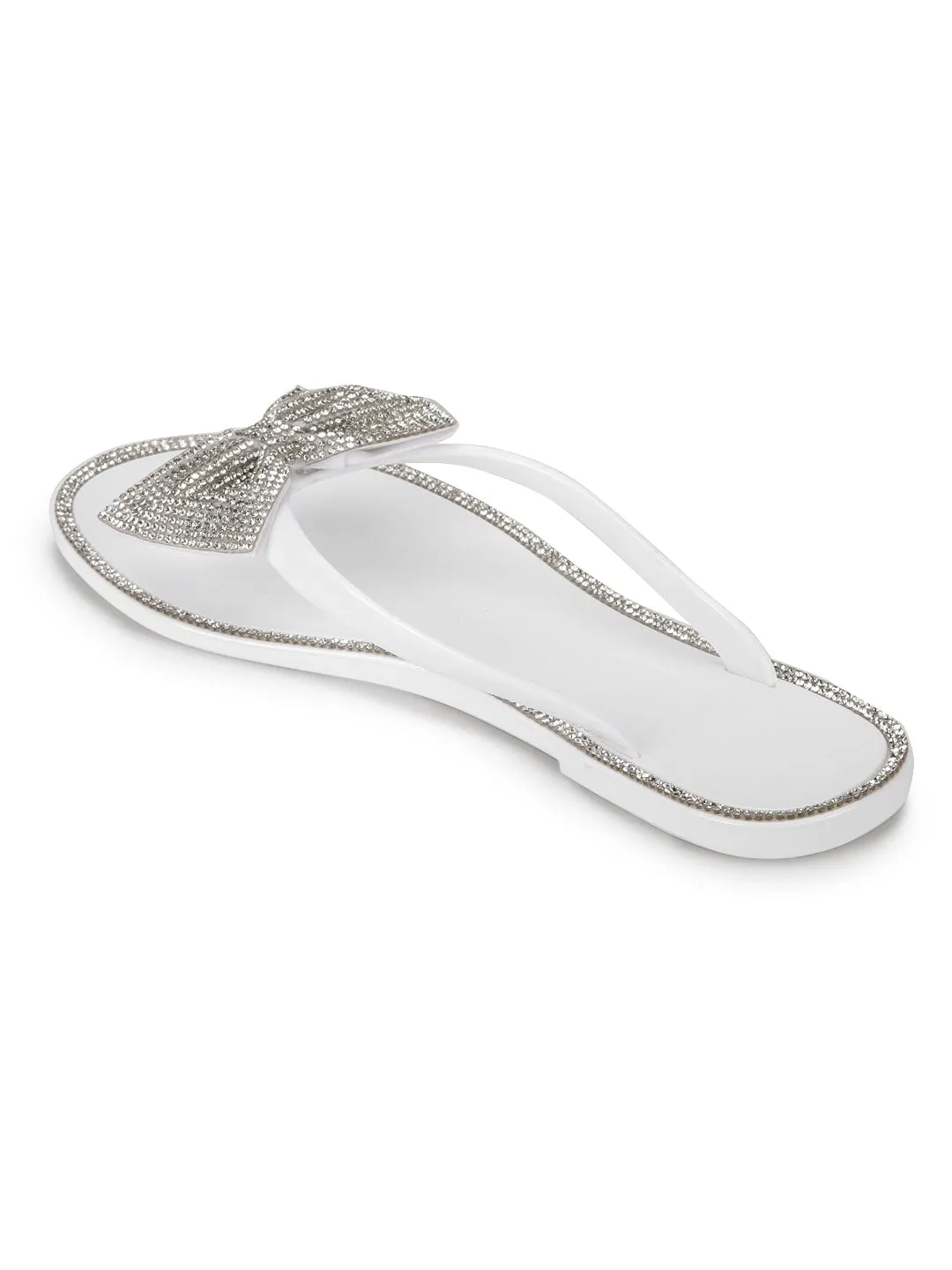 White PVC Diamante Bow Slip On Flats