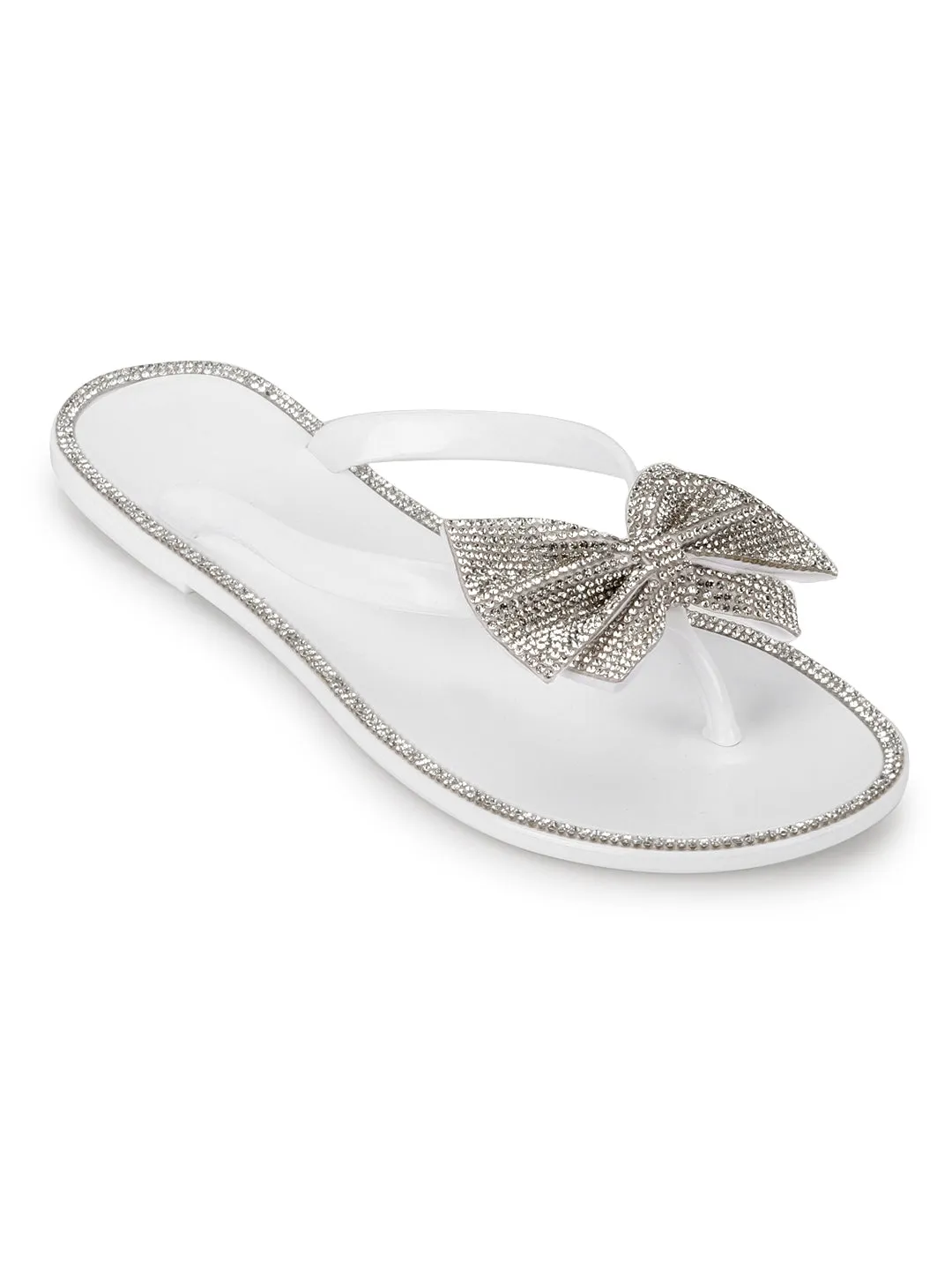 White PVC Diamante Bow Slip On Flats