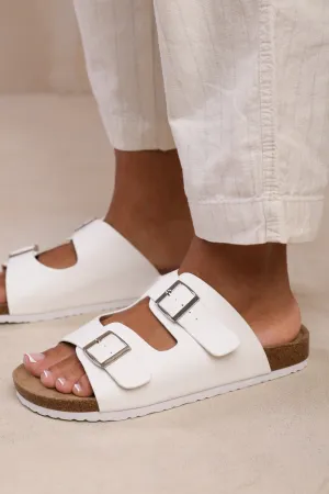 WILLOW TWO STRAP FLAT SANDALS WITH BUCKLE DETAIL IN WHITE PU